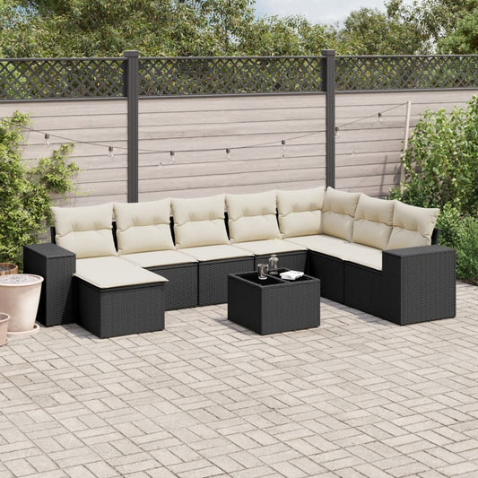 Garden furniture set with cushions, 9 pieces, black, polyrattan