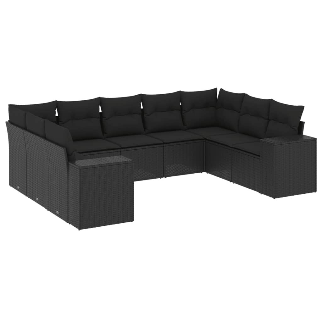 Garden furniture set with cushions, 9 pieces, black, polyrattan