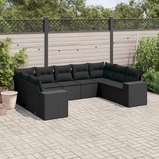 Garden furniture set with cushions, 9 pieces, black, polyrattan