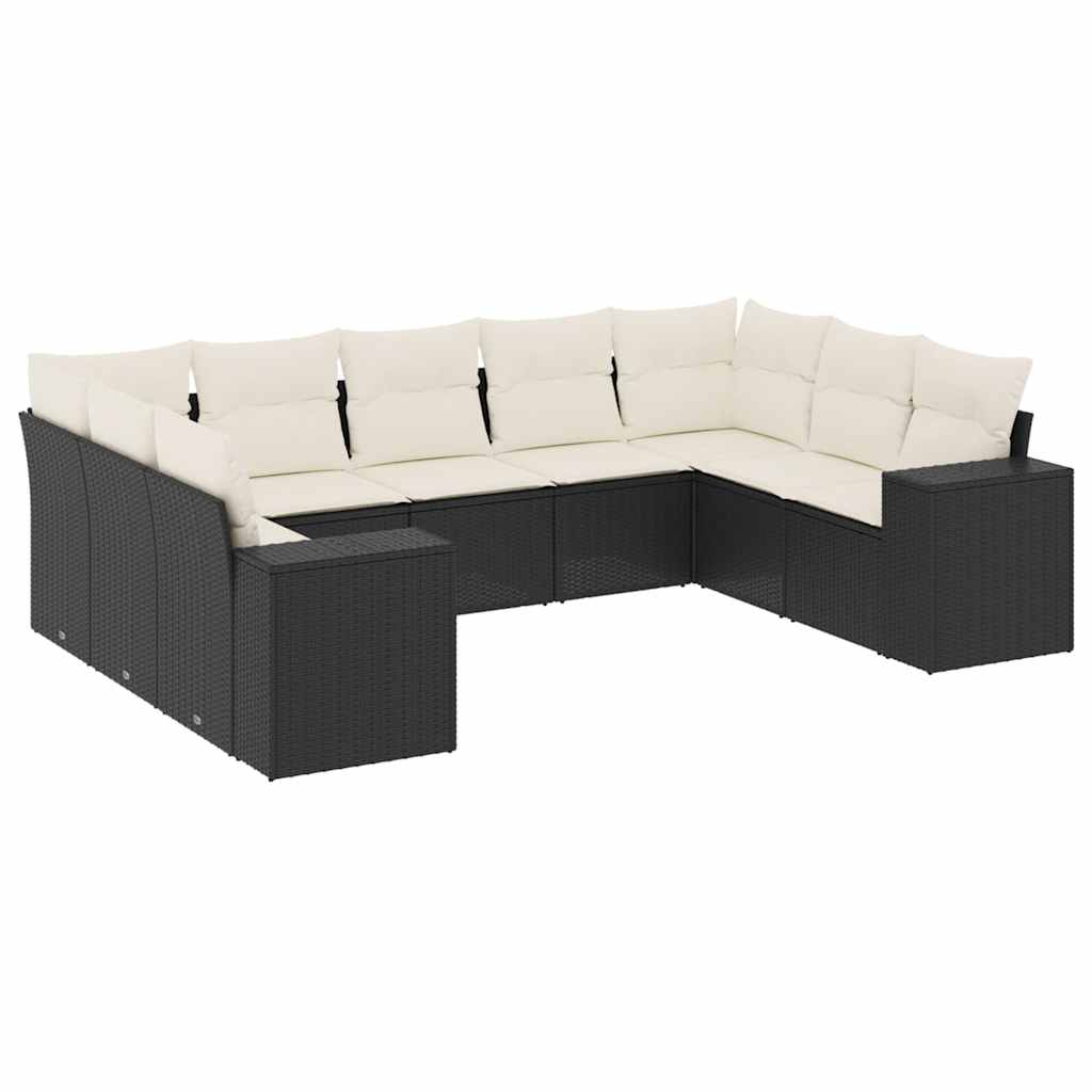 Set mobilier de grădină cu perne, 9 piese, negru, poliratan