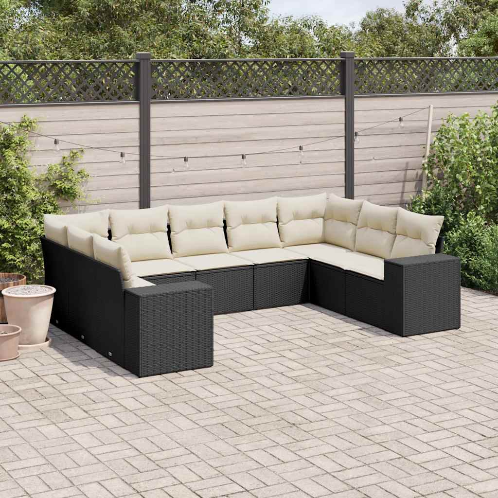 Garden furniture set with cushions, 9 pieces, black, polyrattan