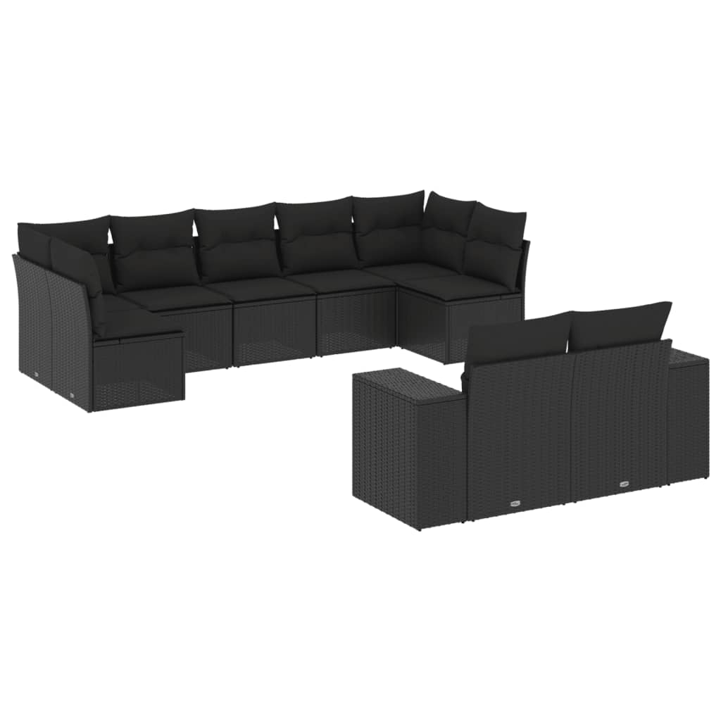 Garden furniture set with cushions, 9 pieces, black, polyrattan