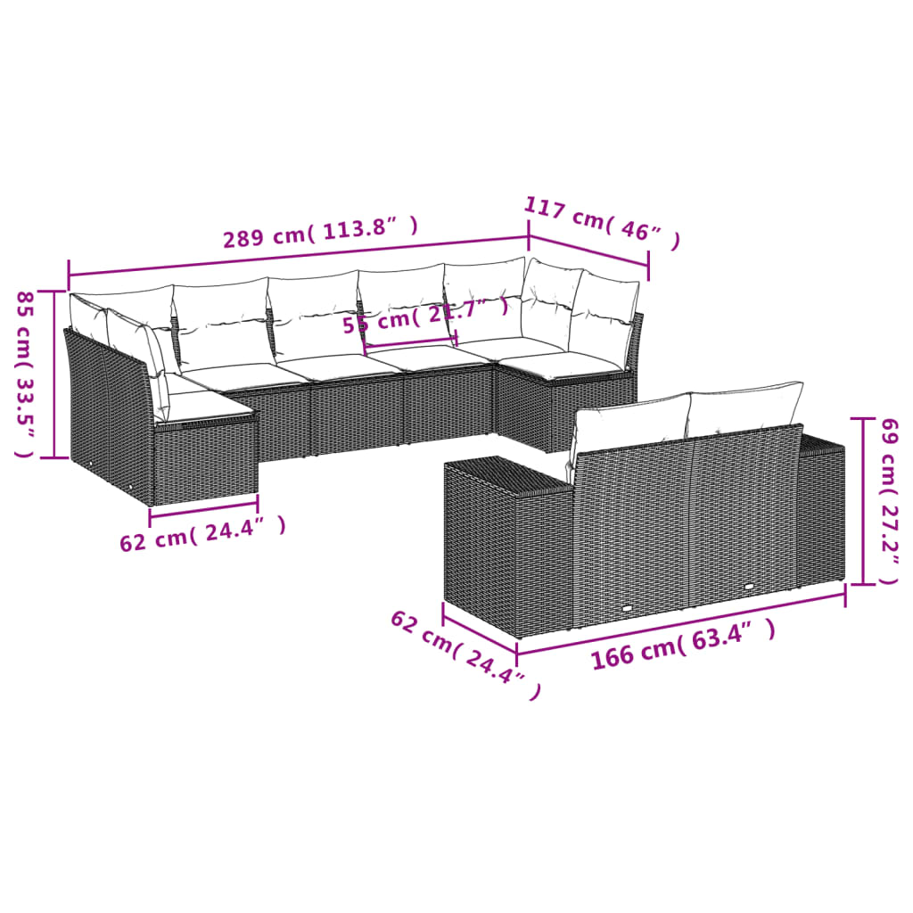 Garden furniture set with cushions, 9 pieces, black, polyrattan