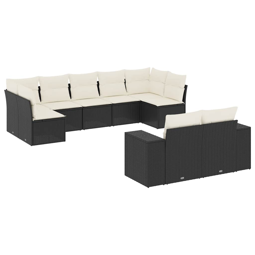 Garden furniture set with cushions, 9 pieces, black, polyrattan