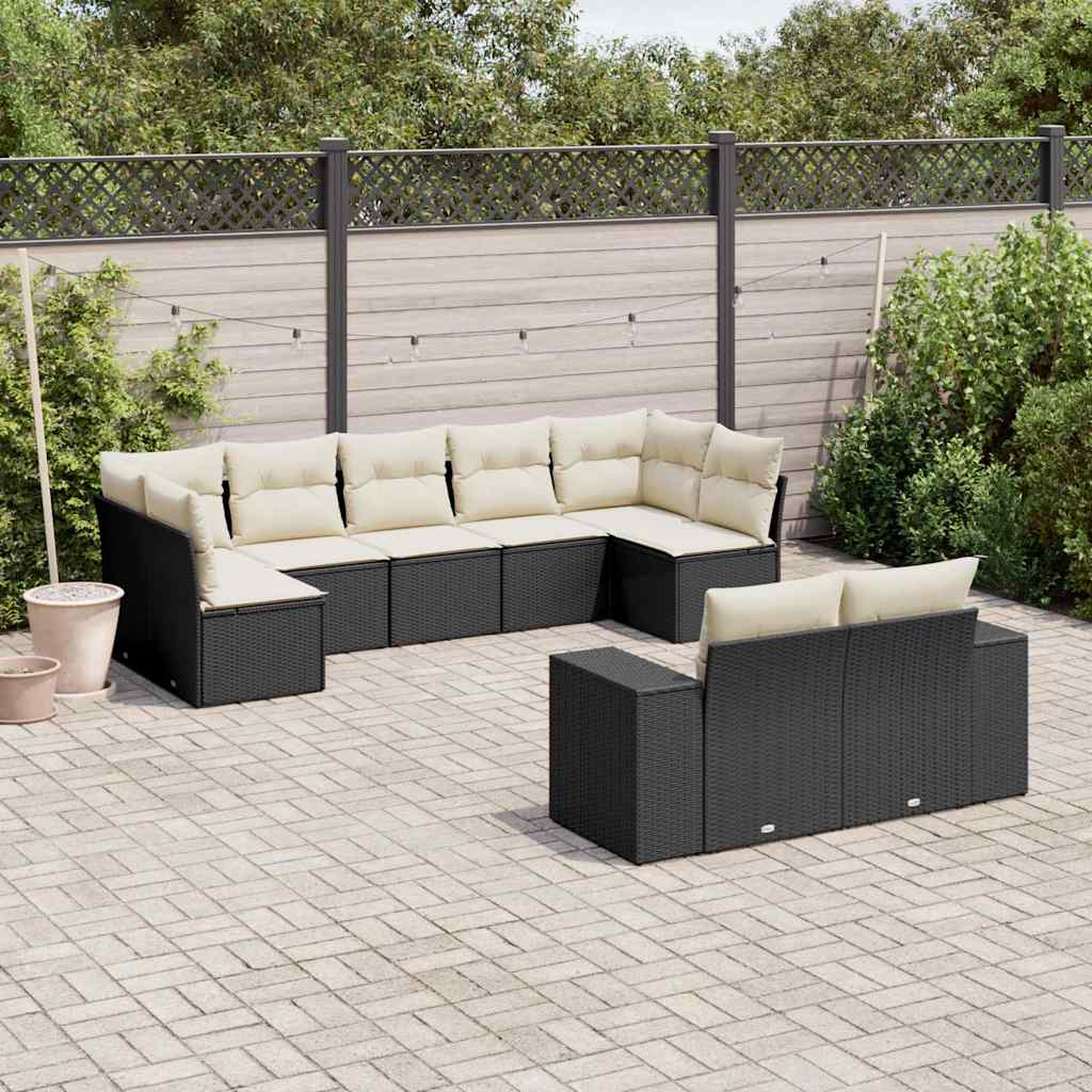 Garden furniture set with cushions, 9 pieces, black, polyrattan