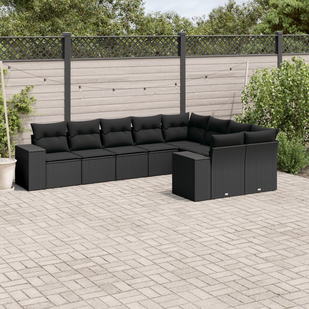 Garden furniture set with cushions, 9 pieces, black, polyrattan