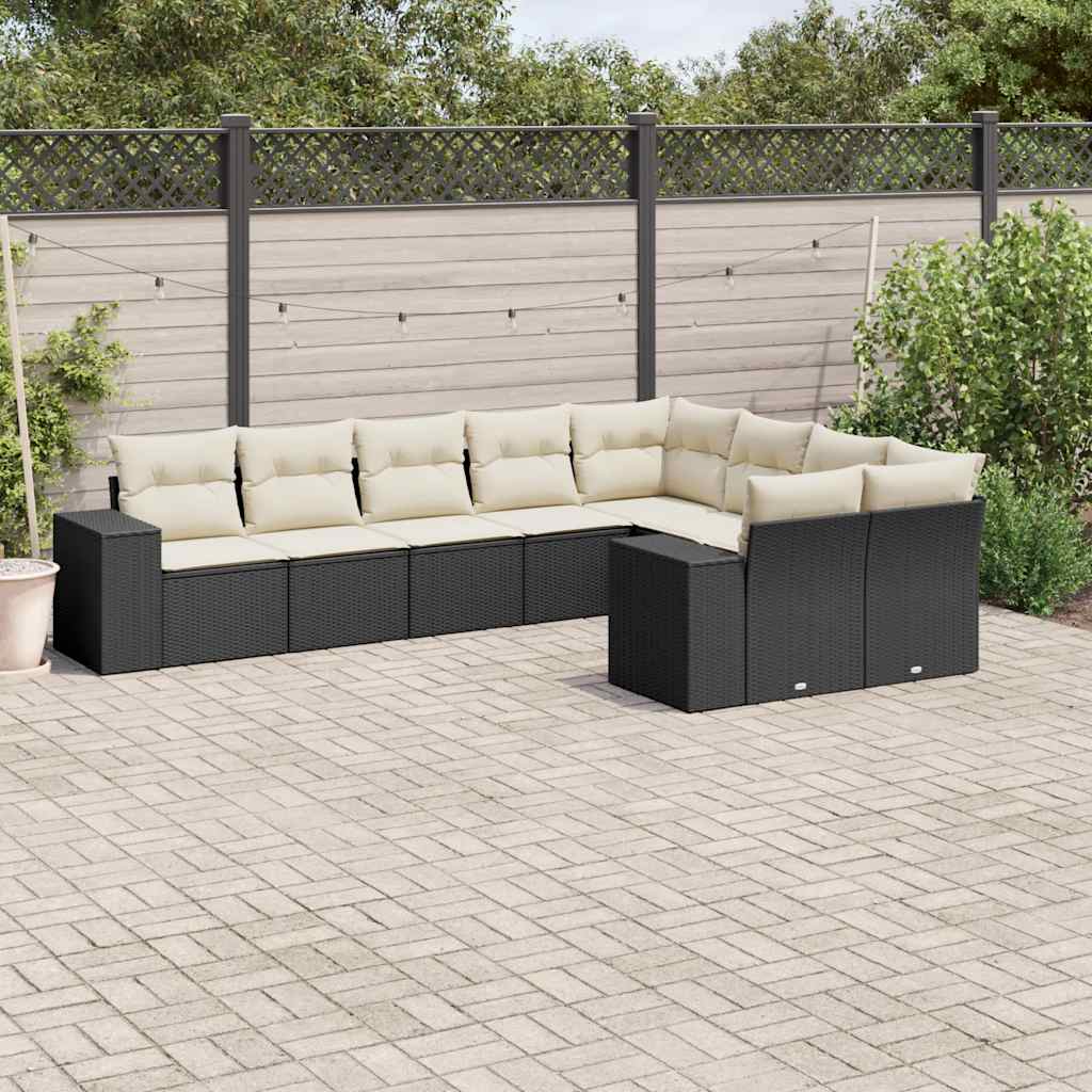 Garden furniture set with cushions, 9 pieces, black, polyrattan