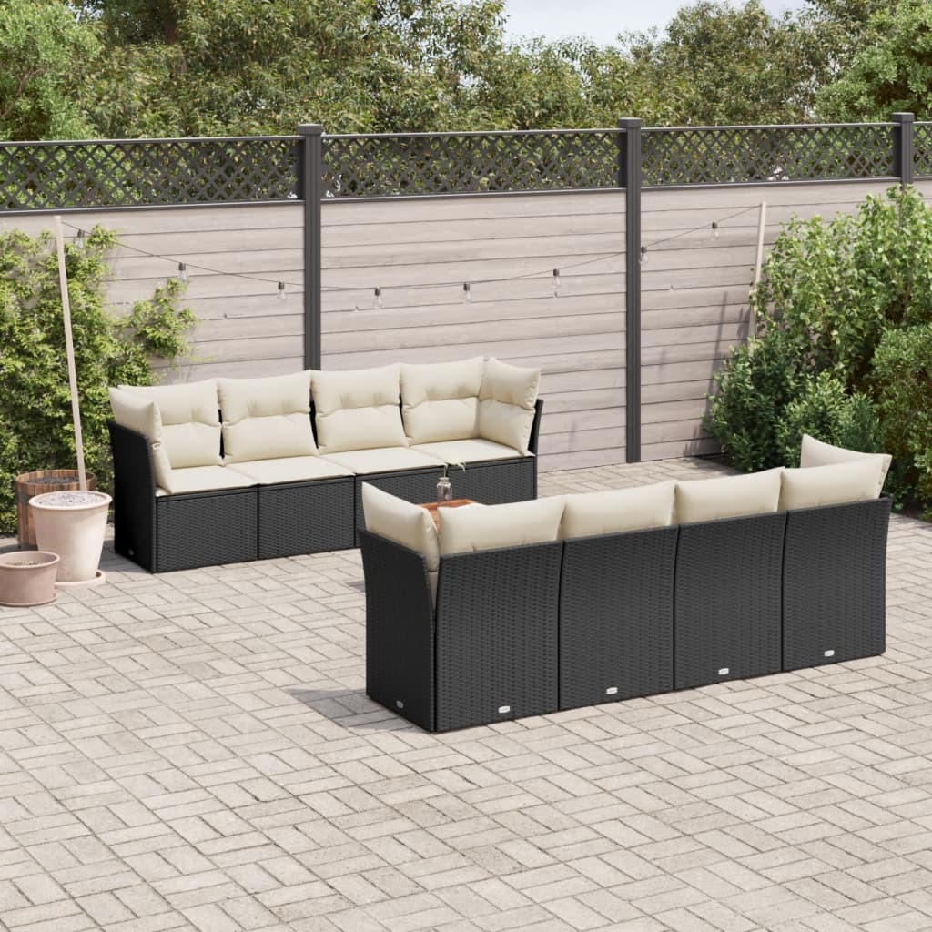 Garden furniture set with cushions, 9 pieces, black, polyrattan