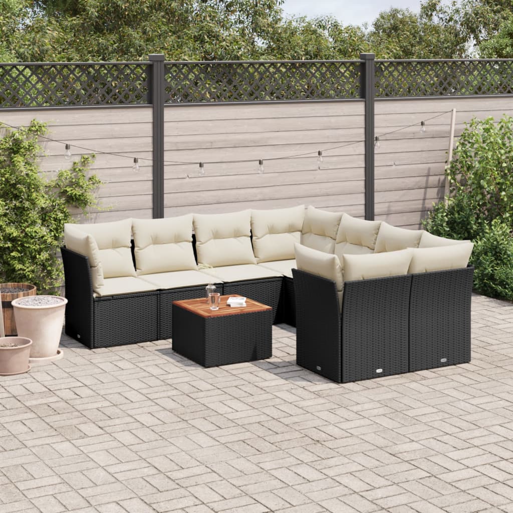 Garden furniture set with cushions, 9 pieces, black, polyrattan