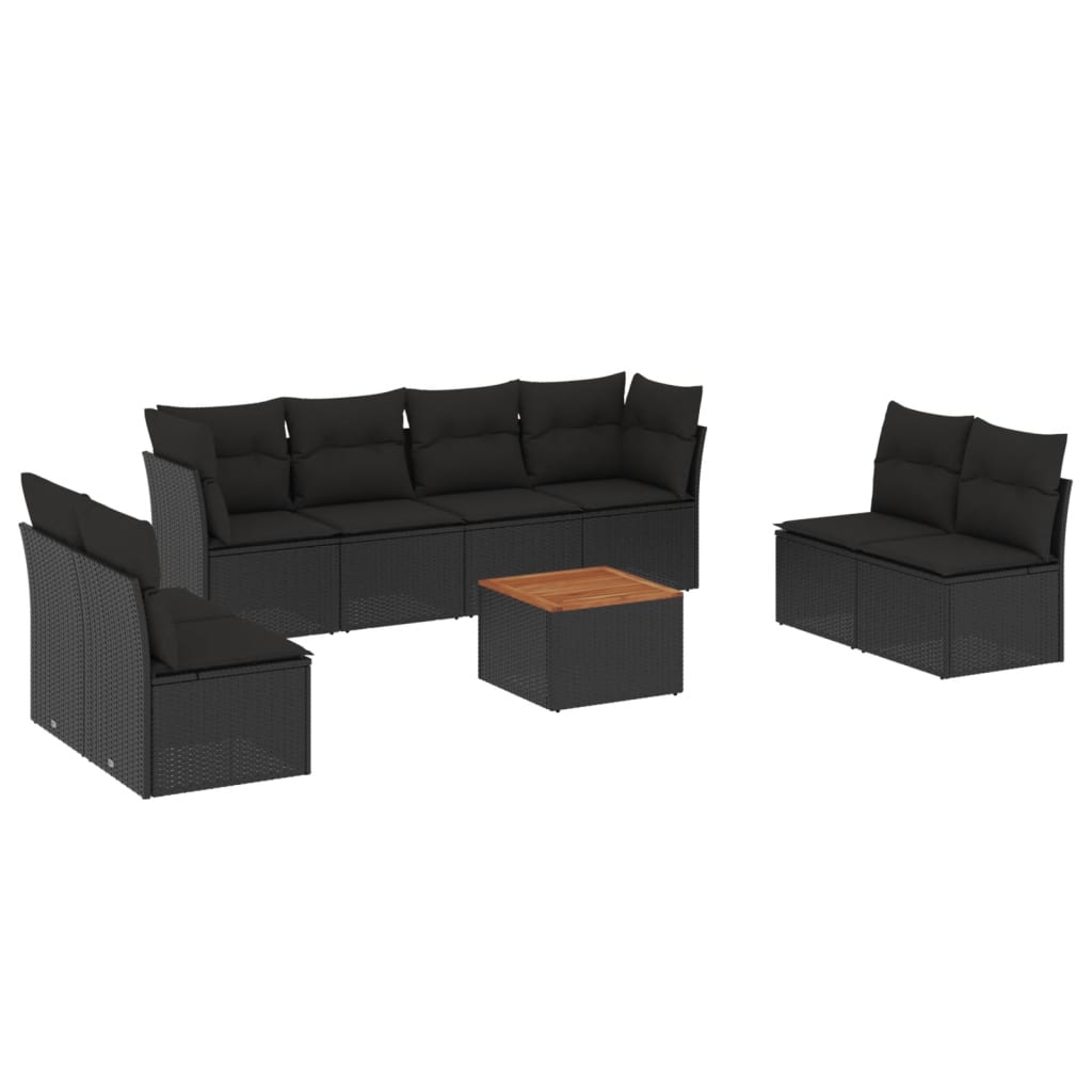 Garden furniture set with cushions, 9 pieces, black, polyrattan