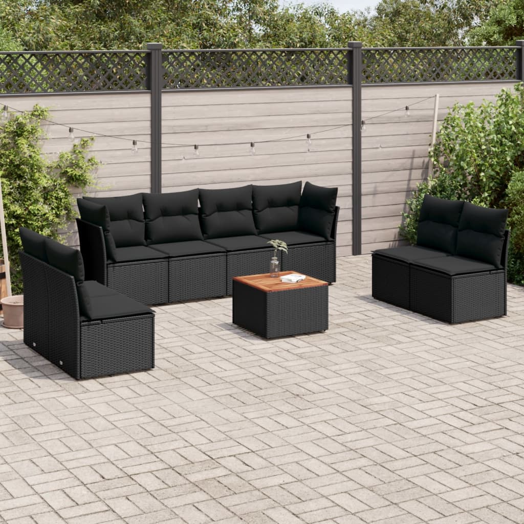 Garden furniture set with cushions, 9 pieces, black, polyrattan