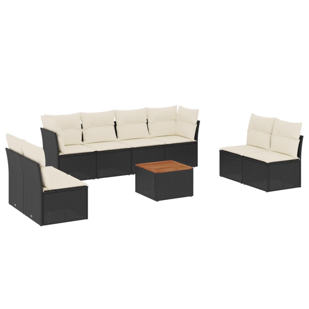 Set mobilier de grădină cu perne, 9 piese, negru, poliratan