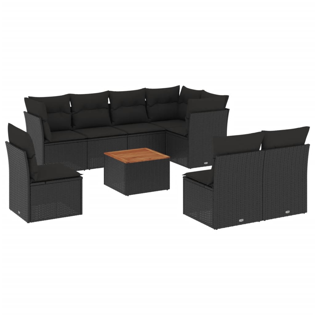 Garden furniture set with cushions, 9 pieces, black, polyrattan