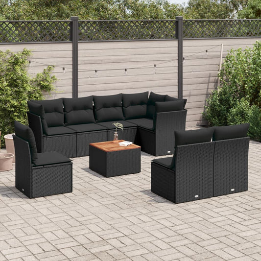 Set mobilier de grădină cu perne, 9 piese, negru, poliratan