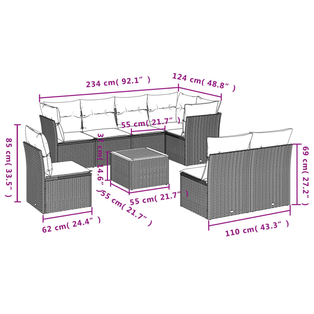 Set mobilier de grădină cu perne, 9 piese, negru, poliratan