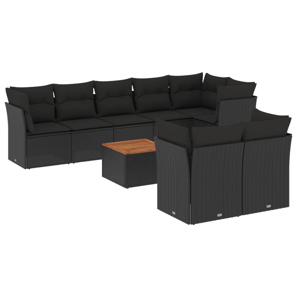 Garden furniture set with cushions, 9 pieces, black, polyrattan