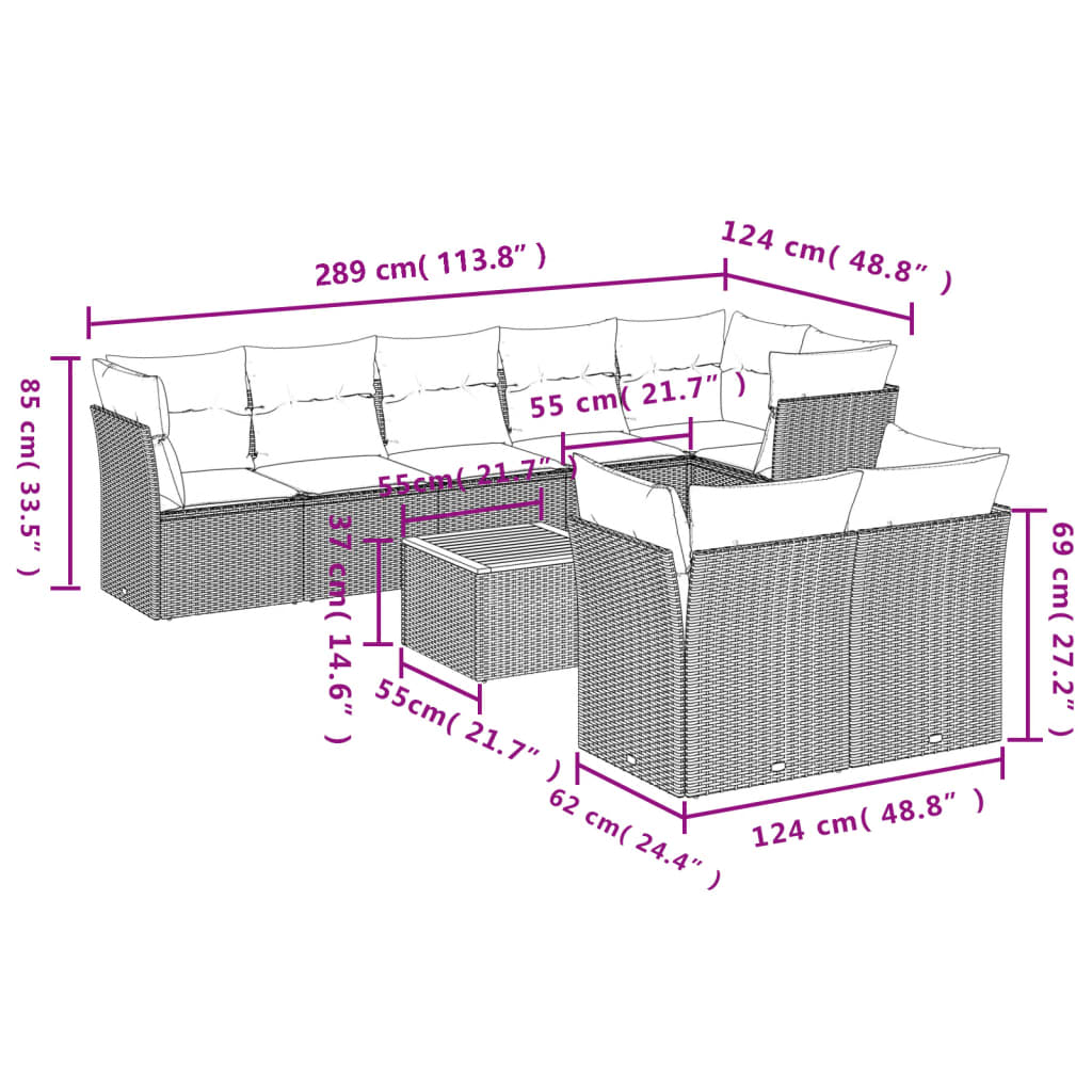 Set mobilier de grădină cu perne, 9 piese, negru, poliratan