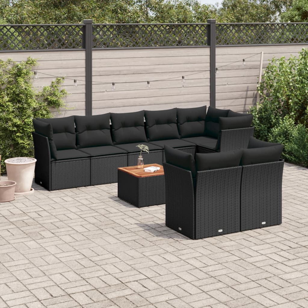 Garden furniture set with cushions, 9 pieces, black, polyrattan