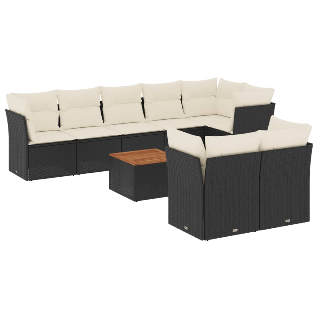 Set mobilier de grădină cu perne, 9 piese, negru, poliratan