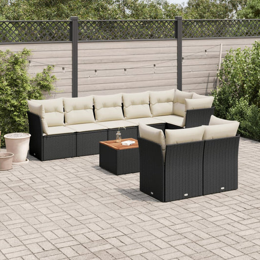 Garden furniture set with cushions, 9 pieces, black, polyrattan