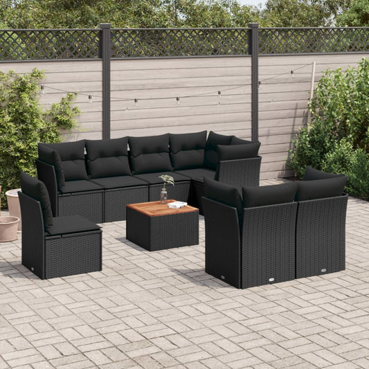 Garden furniture set with cushions, 9 pieces, black, polyrattan