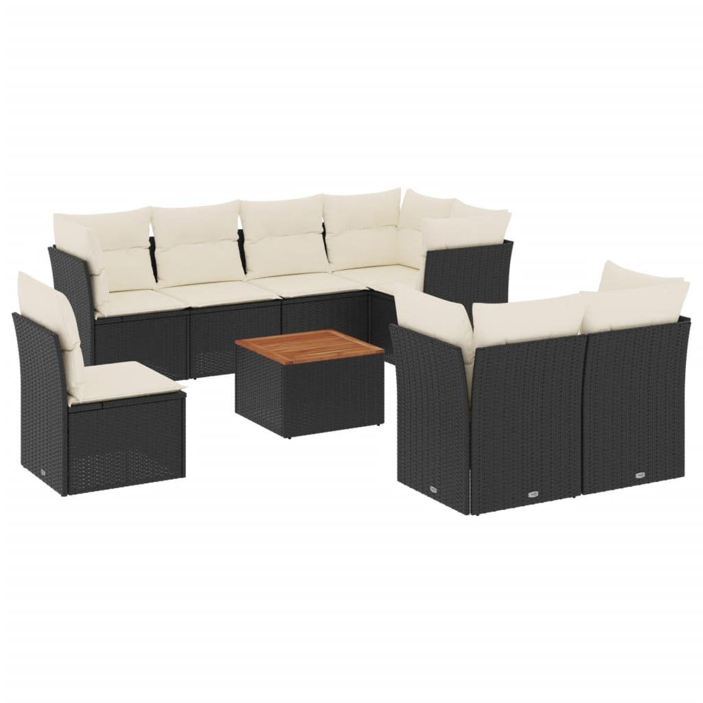 Garden furniture set with cushions, 9 pieces, black, polyrattan