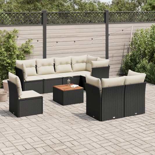 Garden furniture set with cushions, 9 pieces, black, polyrattan