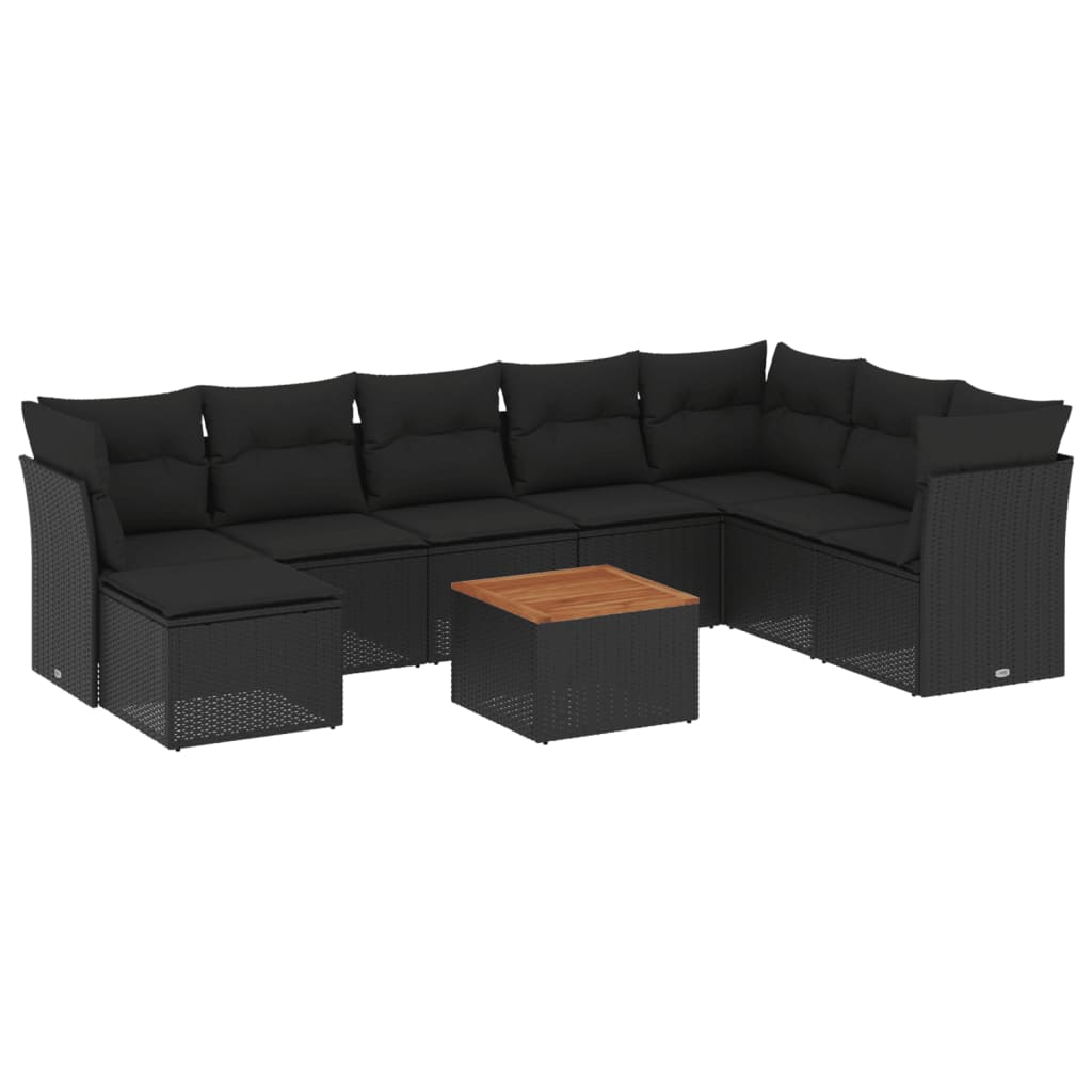 Garden furniture set with cushions, 9 pieces, black, polyrattan