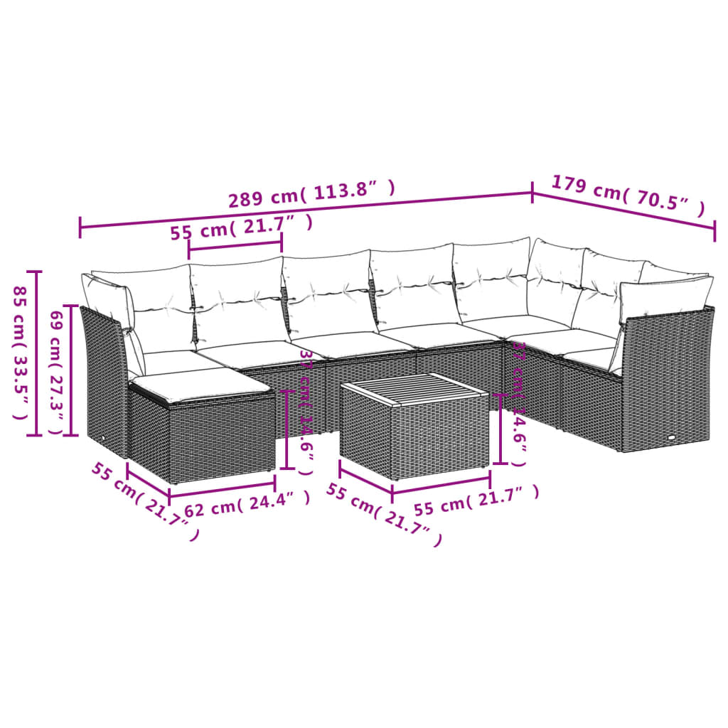 Garden furniture set with cushions, 9 pieces, black, polyrattan