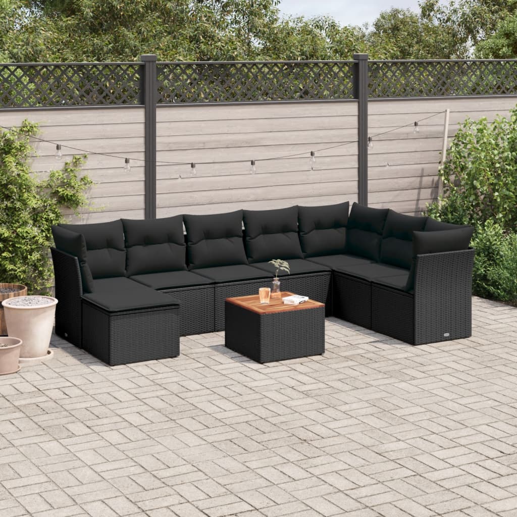 Garden furniture set with cushions, 9 pieces, black, polyrattan