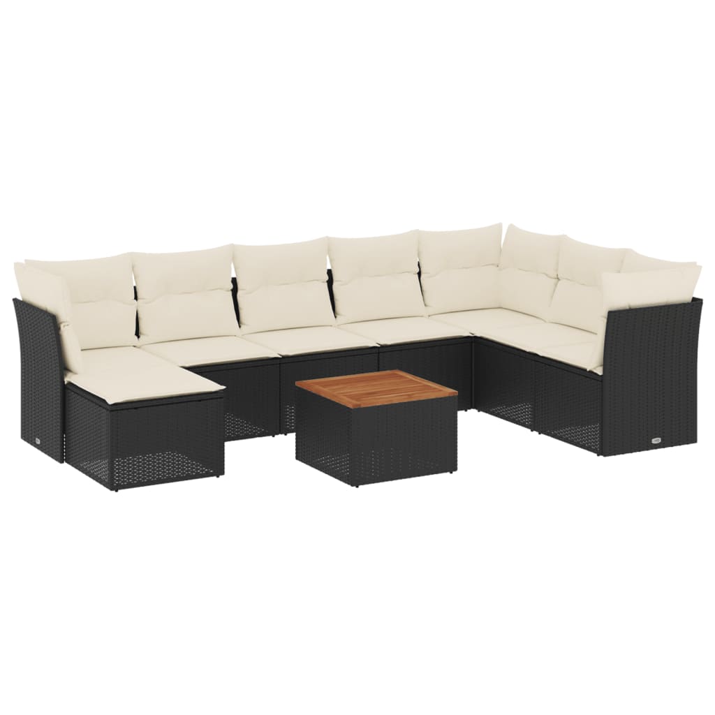 Set mobilier de grădină cu perne, 9 piese, negru, poliratan