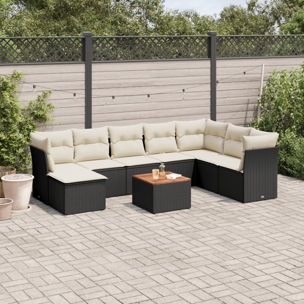 Garden furniture set with cushions, 9 pieces, black, polyrattan