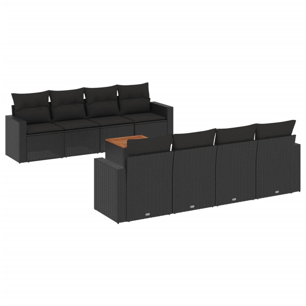 Set mobilier de grădină cu perne, 9 piese, negru, poliratan