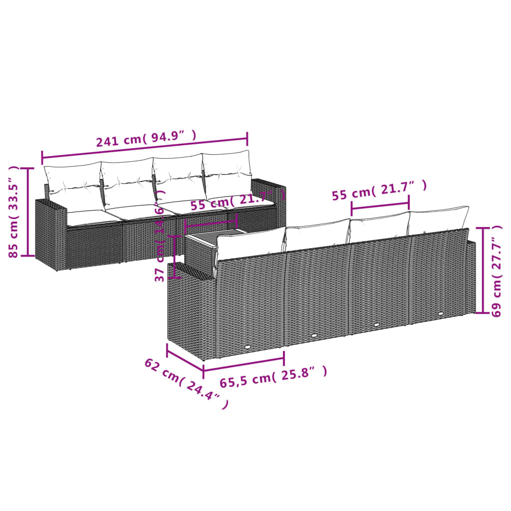 Set mobilier de grădină cu perne, 9 piese, negru, poliratan