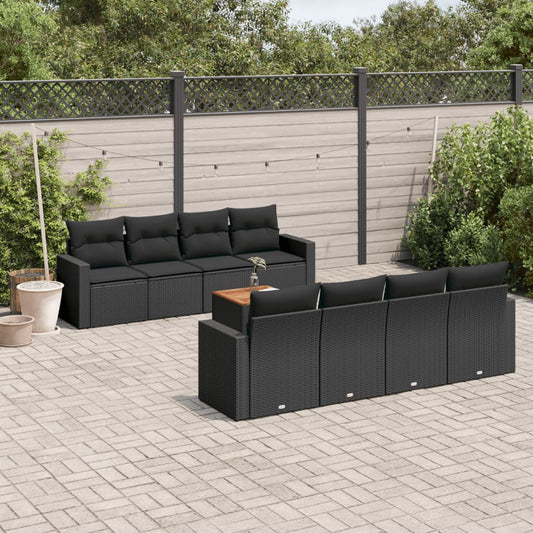 Garden furniture set with cushions, 9 pieces, black, polyrattan