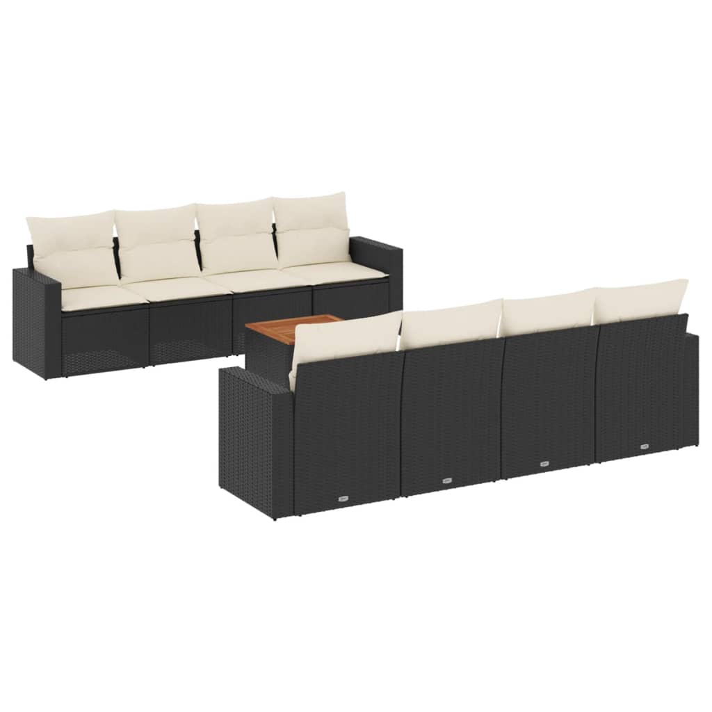 Set mobilier de grădină cu perne, 9 piese, negru, poliratan