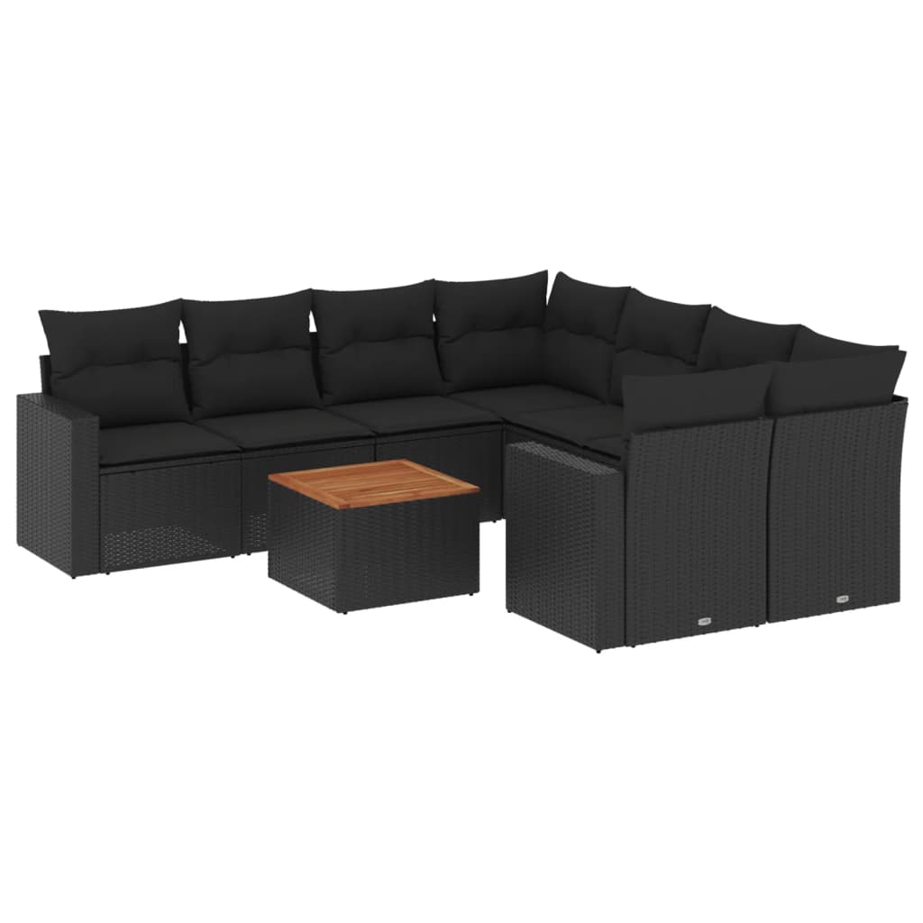 Garden furniture set with cushions, 9 pieces, black, polyrattan