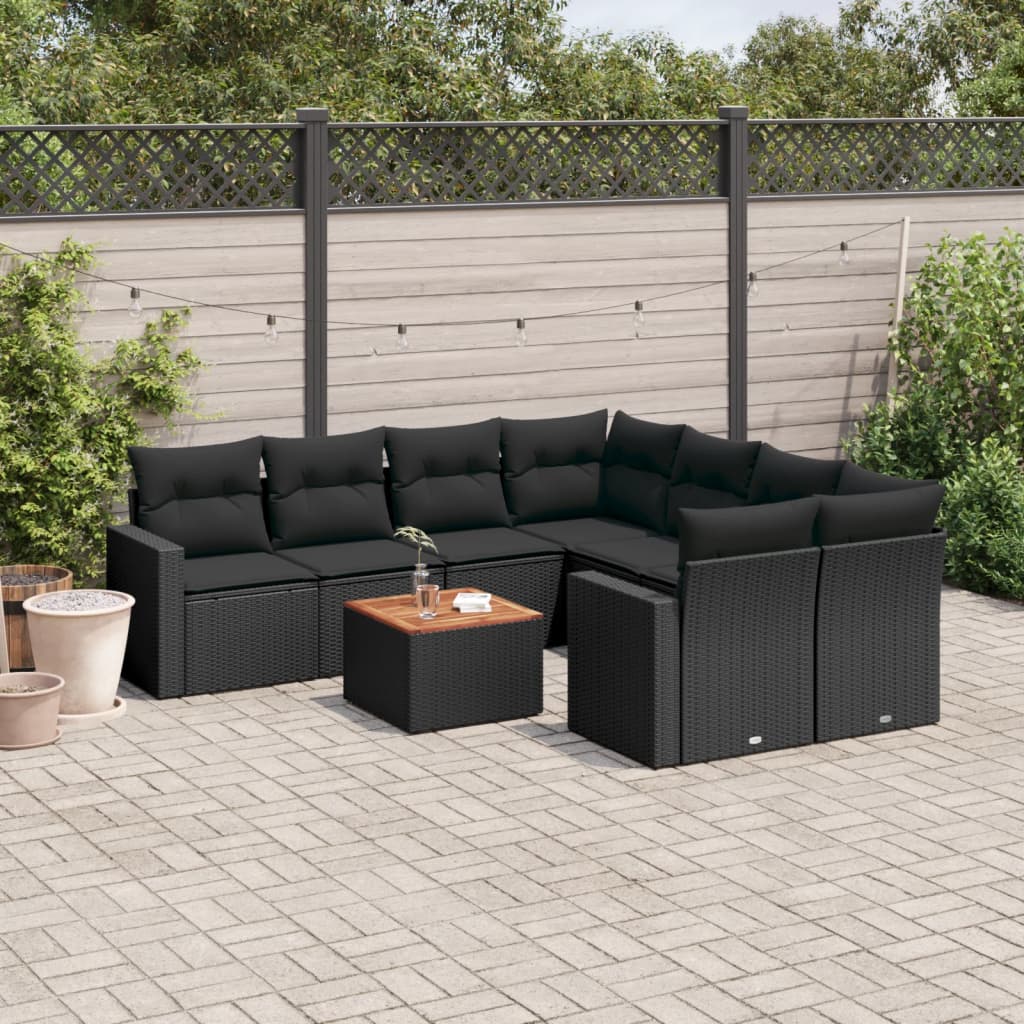 Garden furniture set with cushions, 9 pieces, black, polyrattan