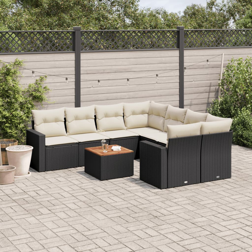 Garden furniture set with cushions, 9 pieces, black, polyrattan