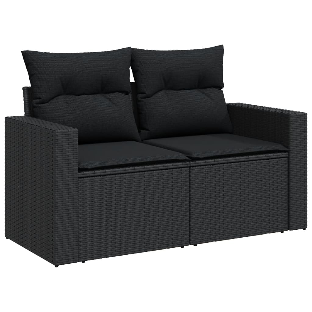 Garden furniture set with cushions, 9 pieces, black, polyrattan