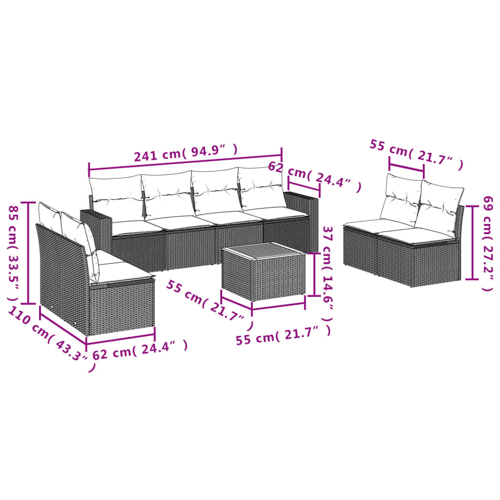 Set mobilier de grădină cu perne, 9 piese, negru, poliratan