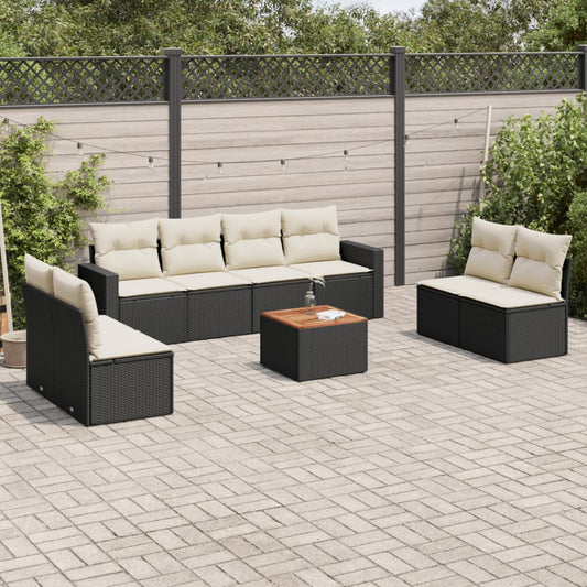 Garden furniture set with cushions, 9 pieces, black, polyrattan