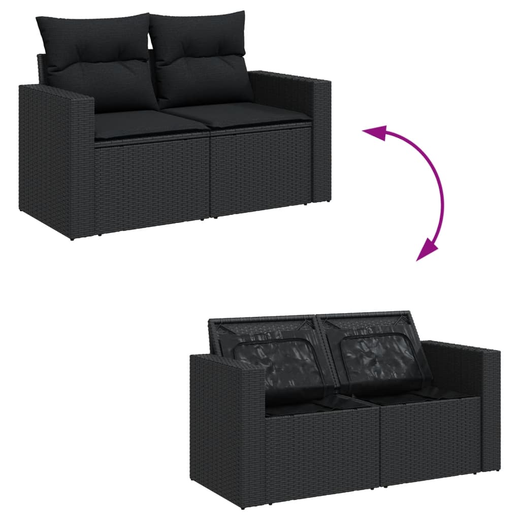 Garden furniture set with cushions, 9 pieces, black, polyrattan