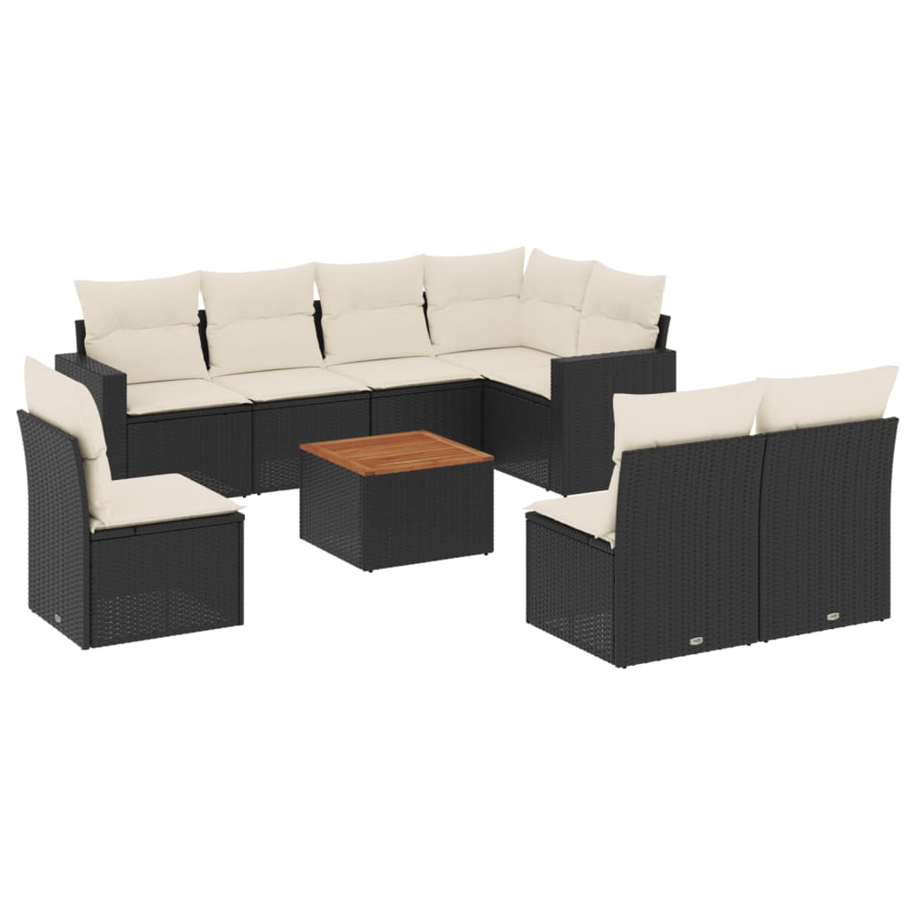 Garden furniture set with cushions, 9 pieces, black, polyrattan