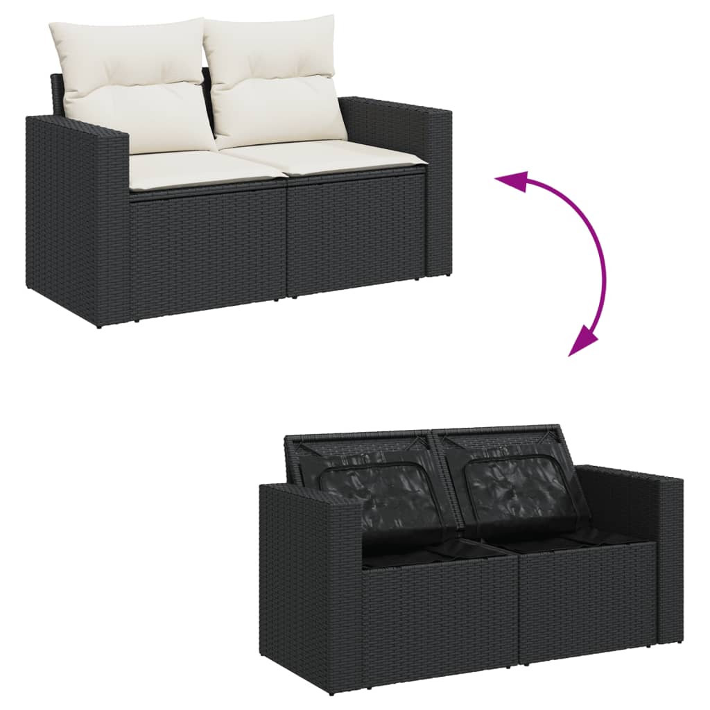 Garden furniture set with cushions, 9 pieces, black, polyrattan