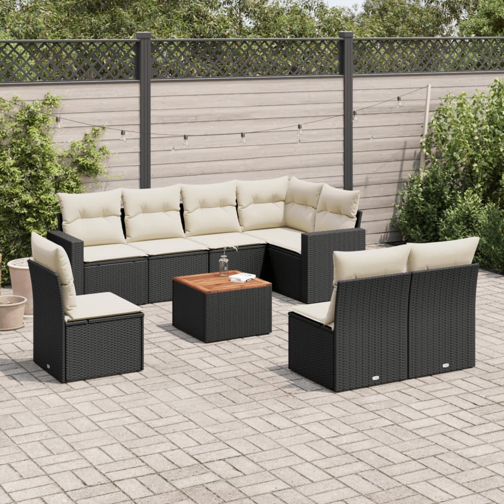 Garden furniture set with cushions, 9 pieces, black, polyrattan