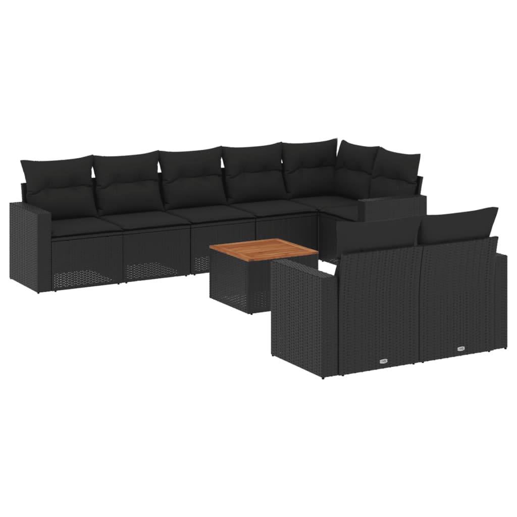 Garden furniture set with cushions, 9 pieces, black, polyrattan