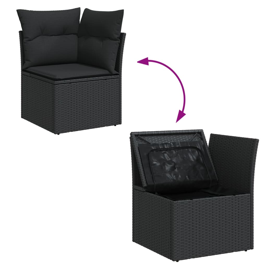 Garden furniture set with cushions, 9 pieces, black, polyrattan