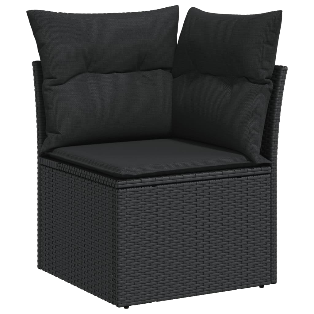 Garden furniture set with cushions, 9 pieces, black, polyrattan