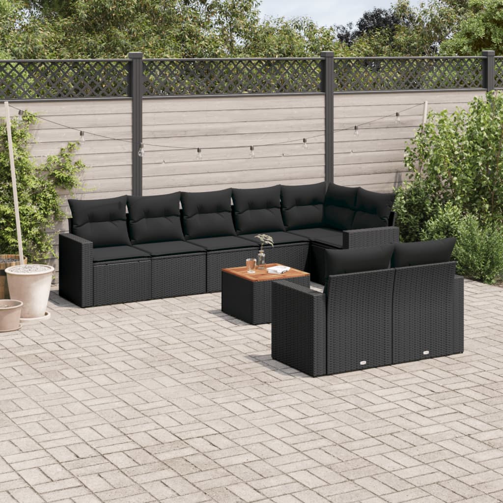 Garden furniture set with cushions, 9 pieces, black, polyrattan